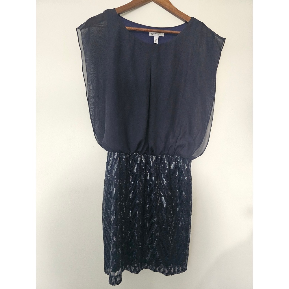 Glam Art Deco Navy Blue Sequin Chevron‎ Cocktail Dress Womens Small Short Sleeve